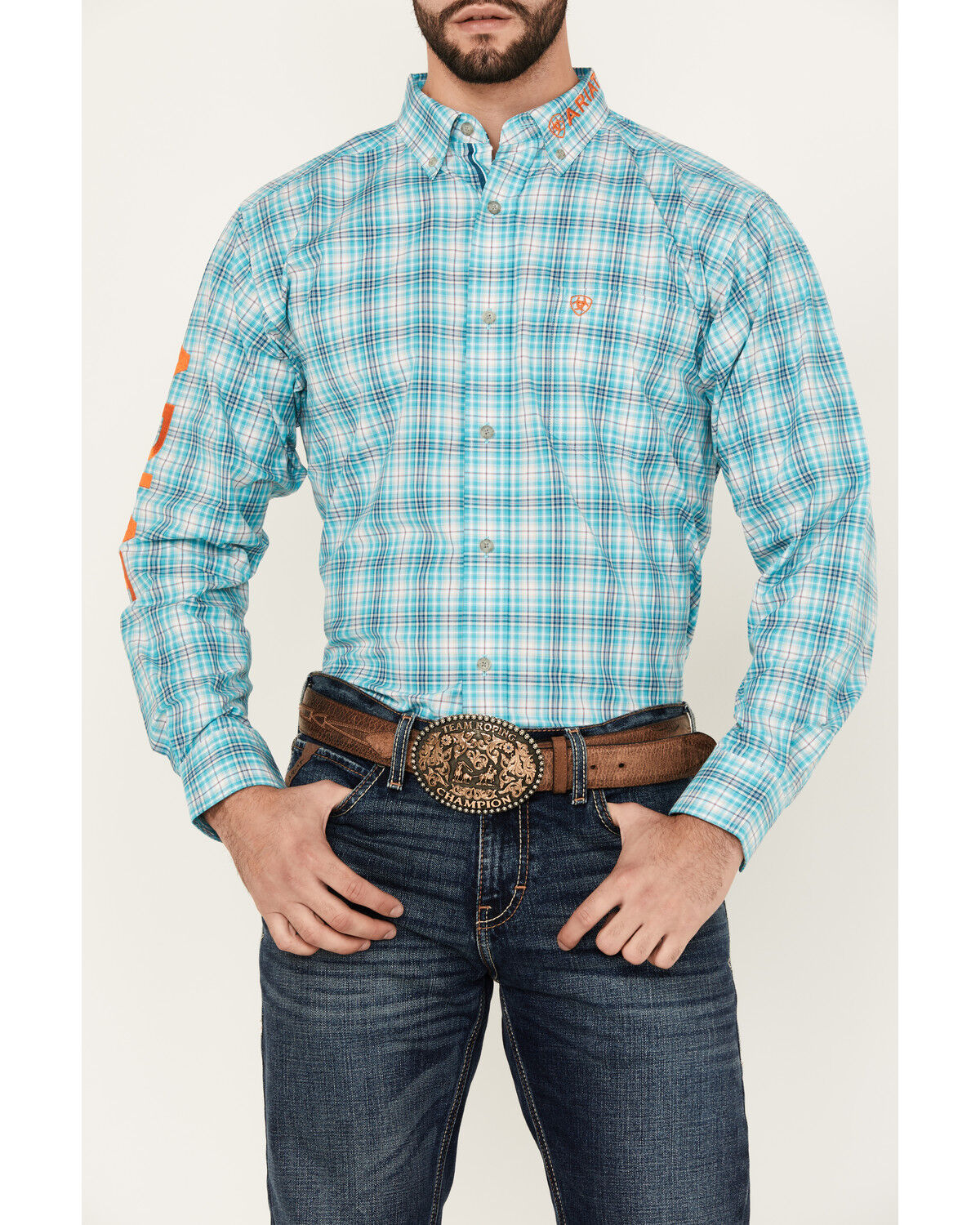 Image #3 - Ariat Men's Vincent Plaid Print Logo Long Sleeve Button-Down Western Shirt, Turquoise, hi-res