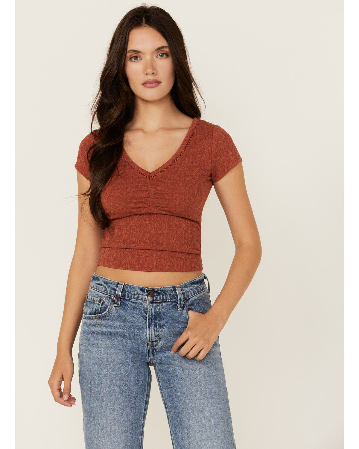 Image #1 - Shyanne Women's Floral Jacquard Short Sleeve Top, Mauve, hi-res