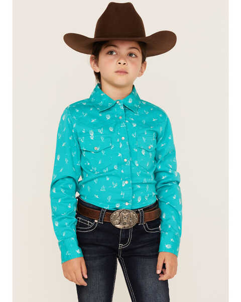 Shyanne Girls' Cactus Print Long Sleeve Western Pearl Snap Shirt, Turquoise, hi-res