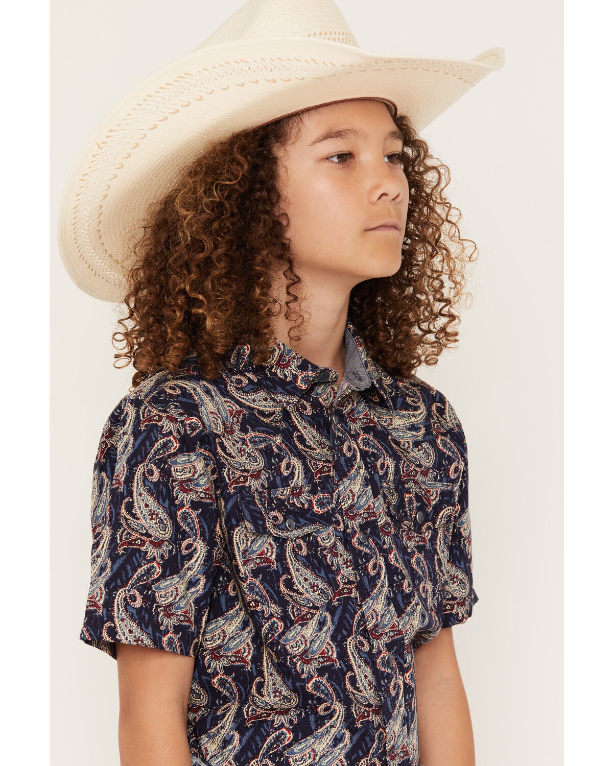 Image #2 - Cody James Boys' Easy Livin Paisley Print Short Sleeve Snap Western Shirt, Navy, hi-res