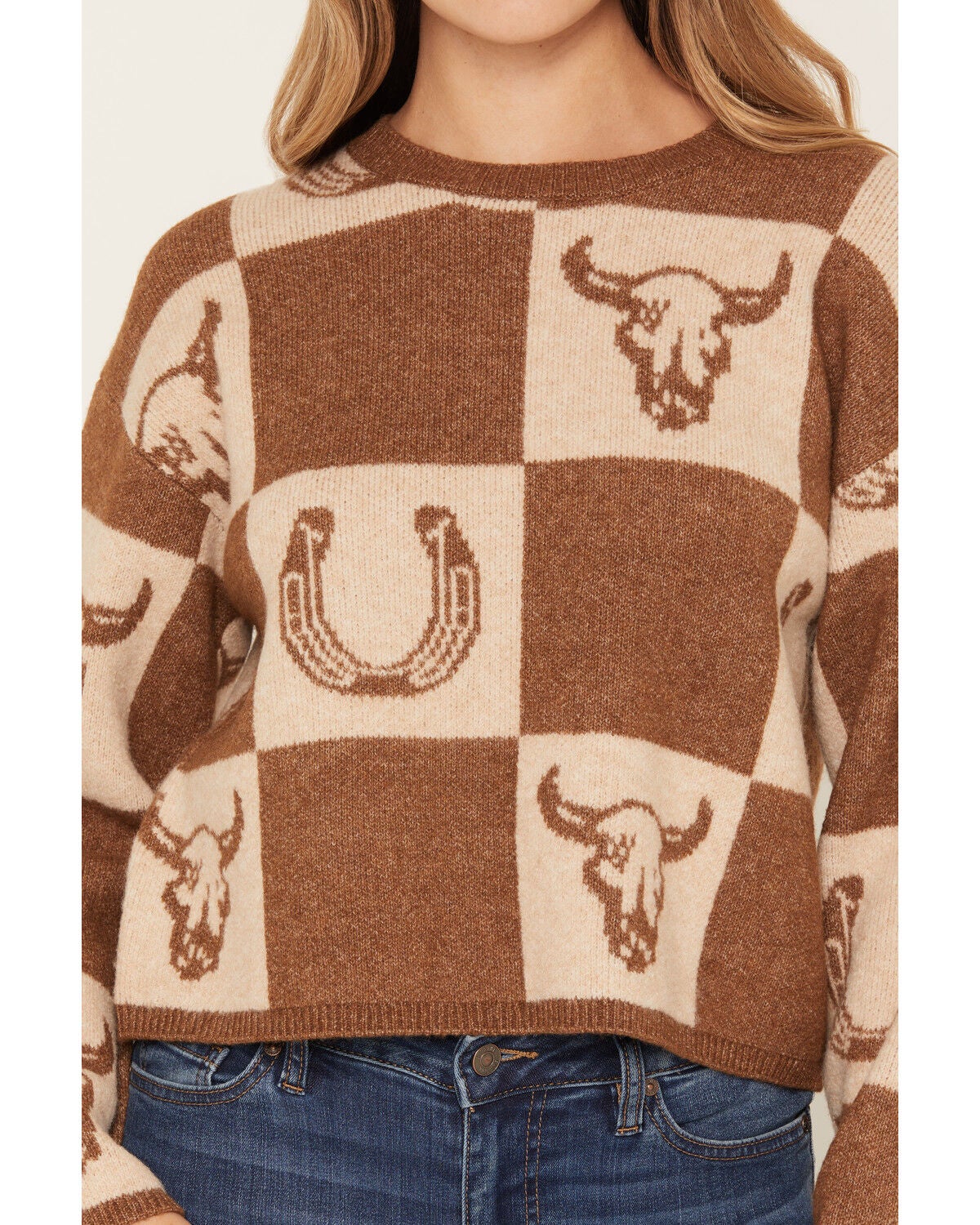 Image #3 - Z Supply Women's Horseshoe Checkered Sweater, Brown, hi-res