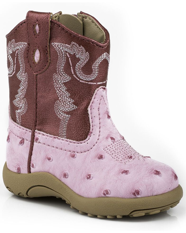 Roper Infant Boys' Ostrich Print Cowboy Boots - Round Toe, Pink, hi-res