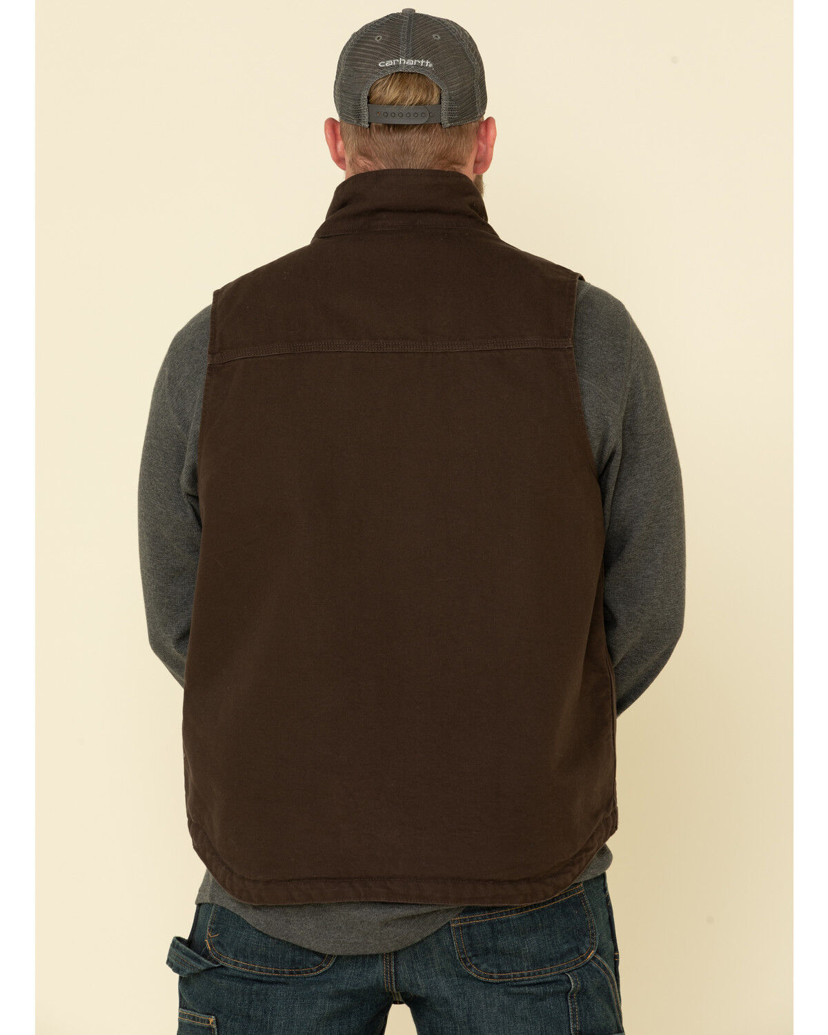 Image #5 - Carhartt Men's Dark Brown Washed Duck Sherpa Lined Mock Neck Loose Fit Work Vest, Dark Brown, hi-res