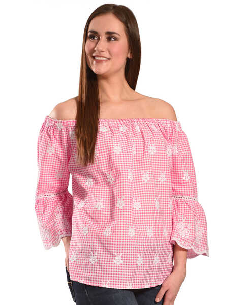 Image #1 - New Direction Sport Women's Embroidered Gingham Off-The-Shoulder Top, Pink, hi-res