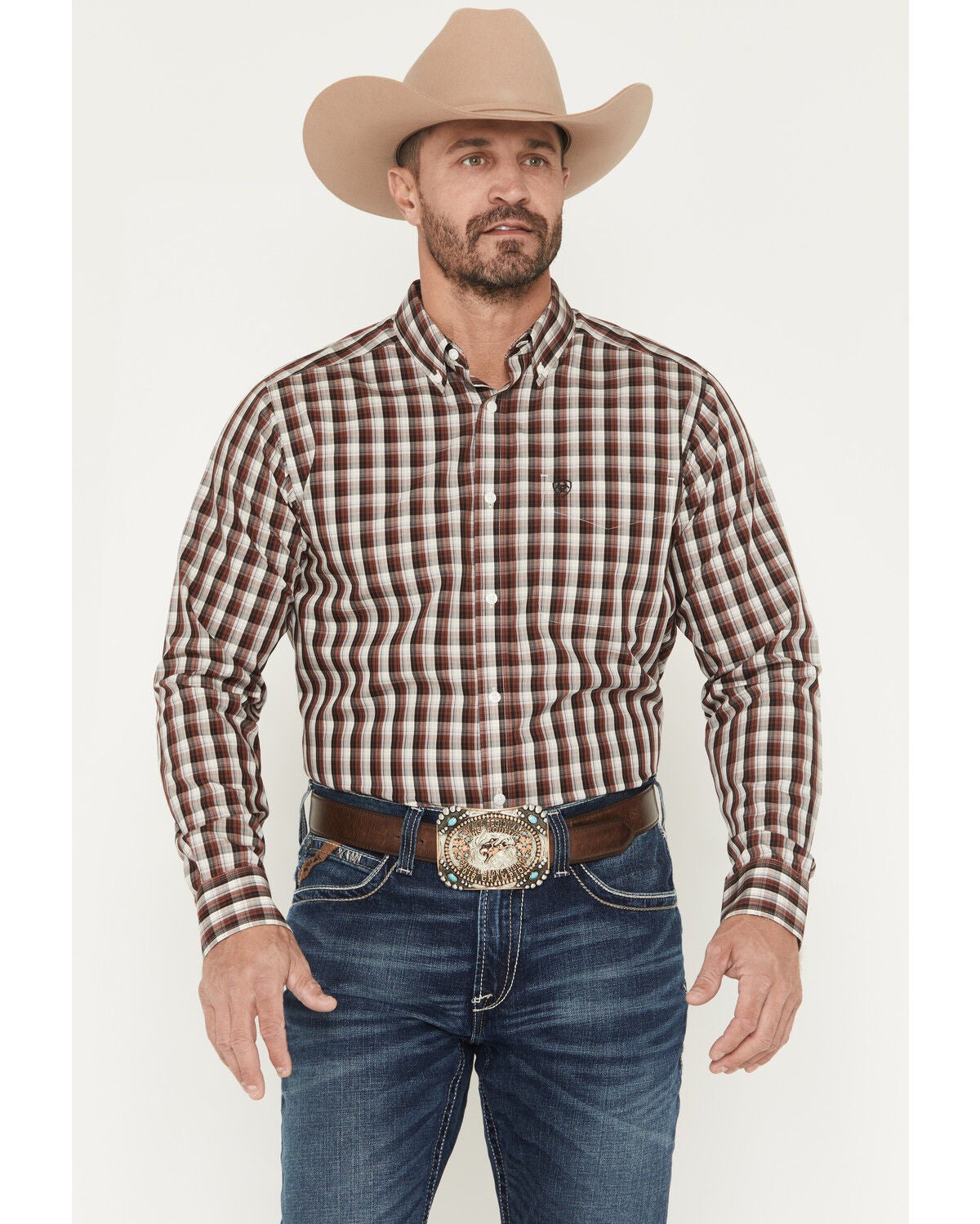 Ariat Men's Wrinkle Free Atlas Plaid Print Fitted Long Sleeve Button-Down Western Shirt, Brown, hi-res