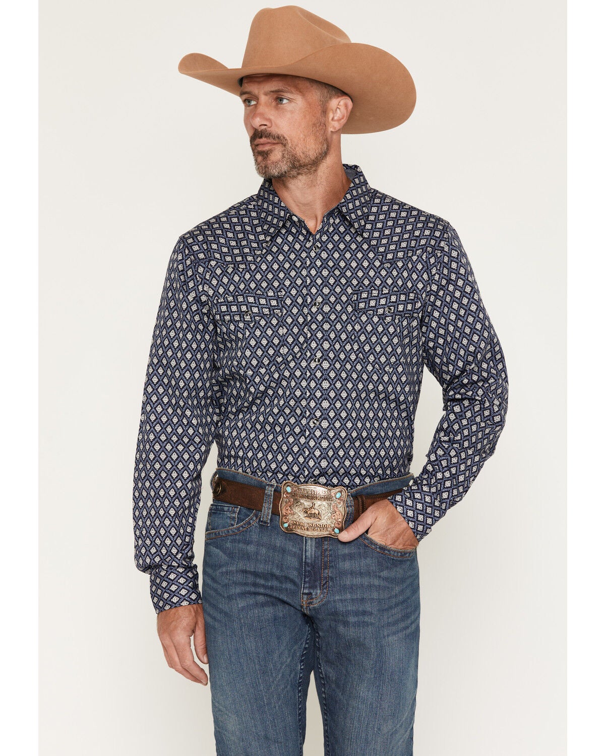 Cody James Men's Diamond Soul Medallion Print Long Sleeve Snap Western Shirt, Navy, hi-res