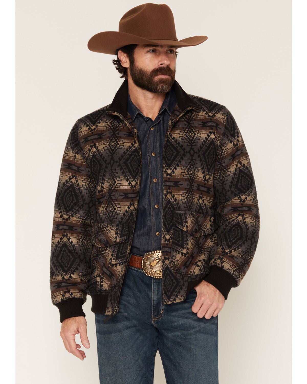 Rock & Roll Denim Men's Southwestern Print Bomber Jacket, Charcoal, hi-res