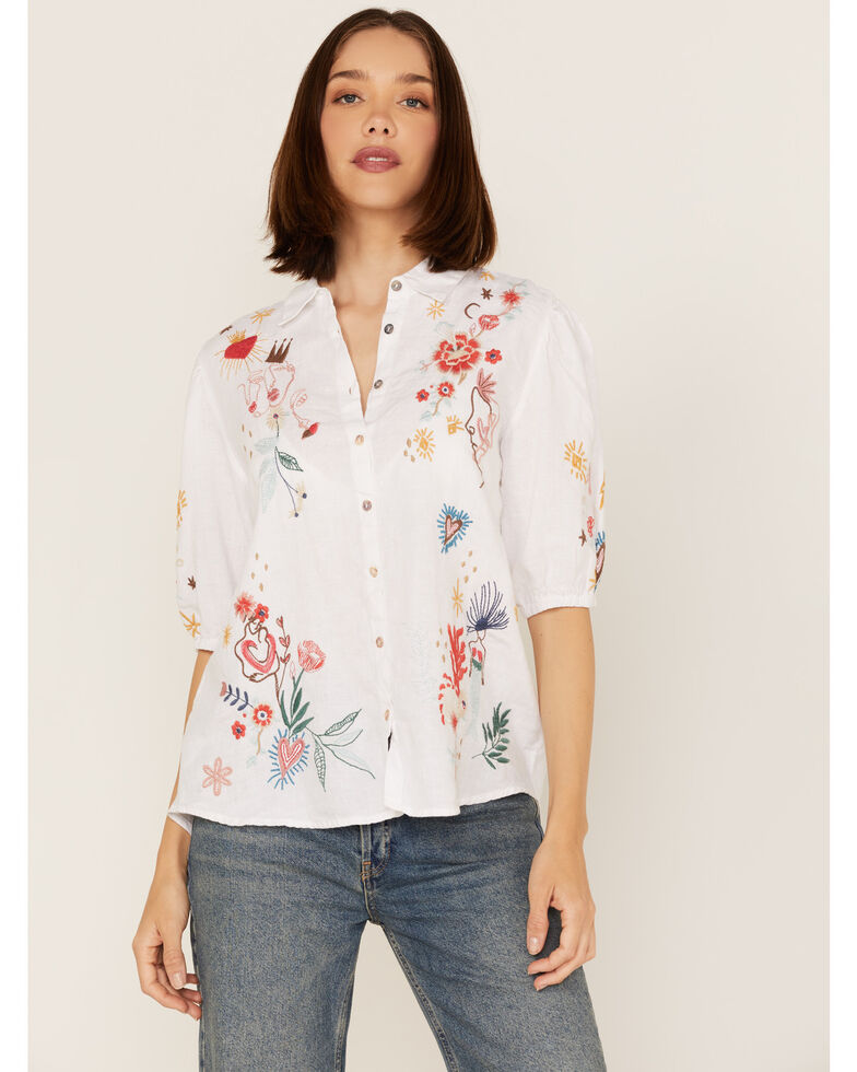 Johnny Was Women's Embroidered Lisbon Short Sleeve Button-Down Blouse, White, hi-res