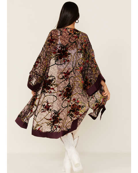 Band of Gypsies Women's Floral Print Burnout Kimono, Burgundy, hi-res