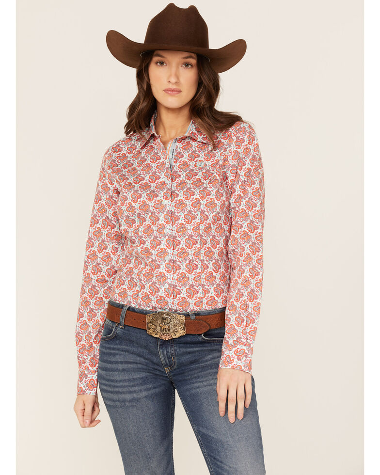 Cinch Women's Paisley Print Long Sleeve Button-Down Core Shirt, Coral, hi-res