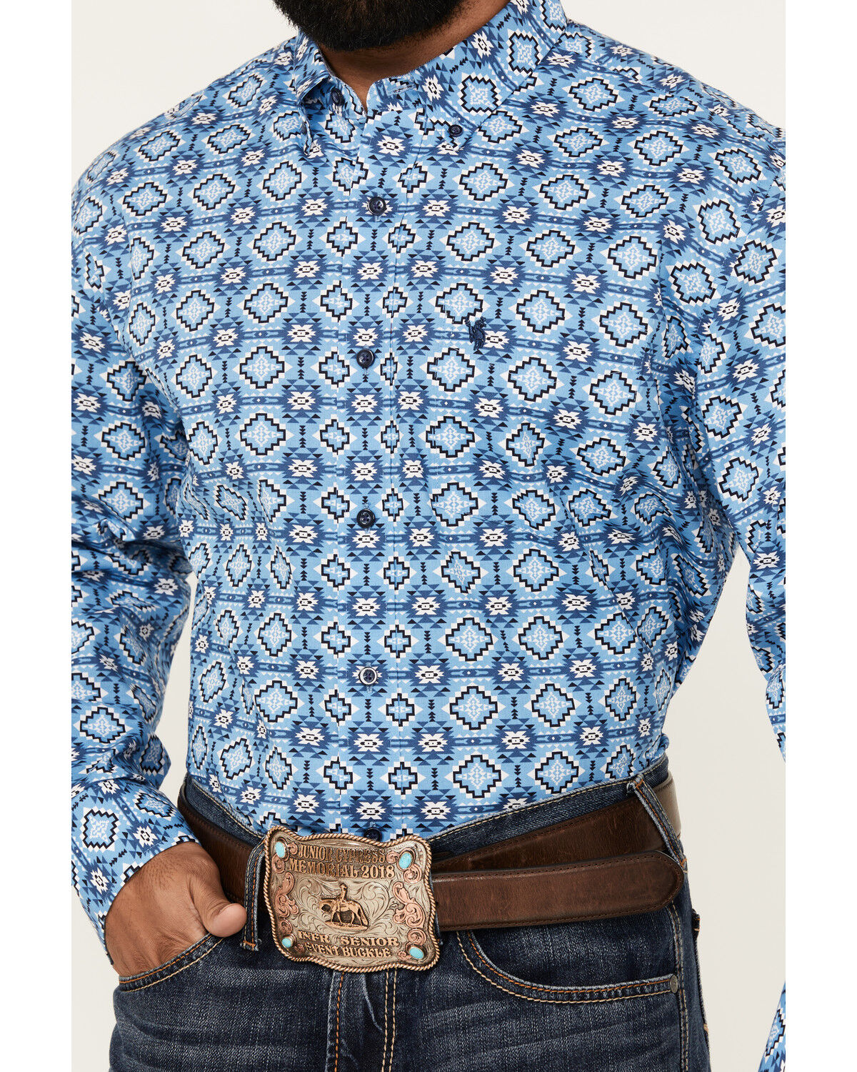 Image #3 - Rodeo Clothing Men's Southwestern Print Long Sleeve Button-Down Western Shirt, Blue, hi-res