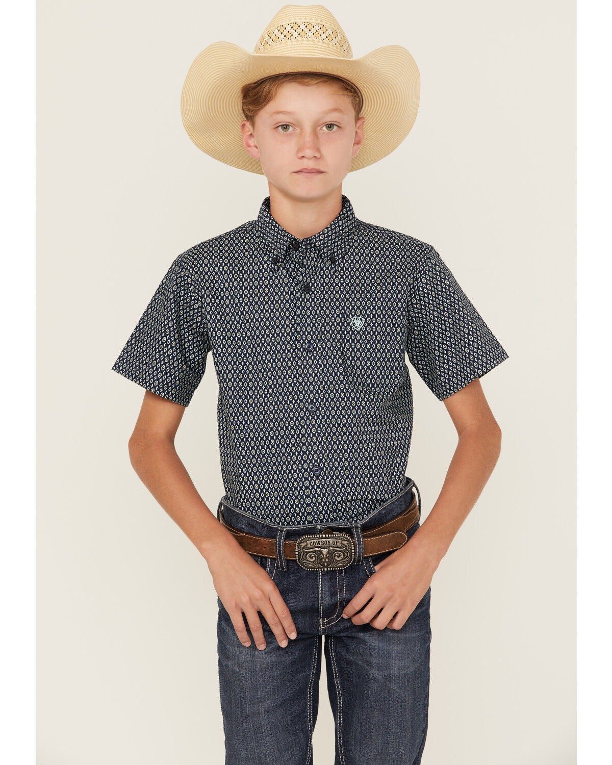 Ariat Boys' Geo Print Short Sleeve Button-Down Western Shirt, Navy, hi-res