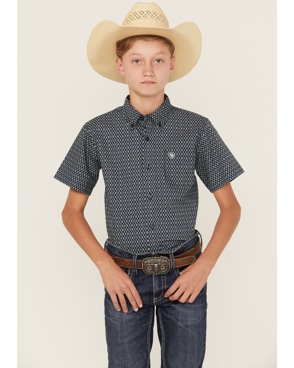 Image #1 - Ariat Boys' Geo Print Short Sleeve Button-Down Western Shirt, Navy, hi-res
