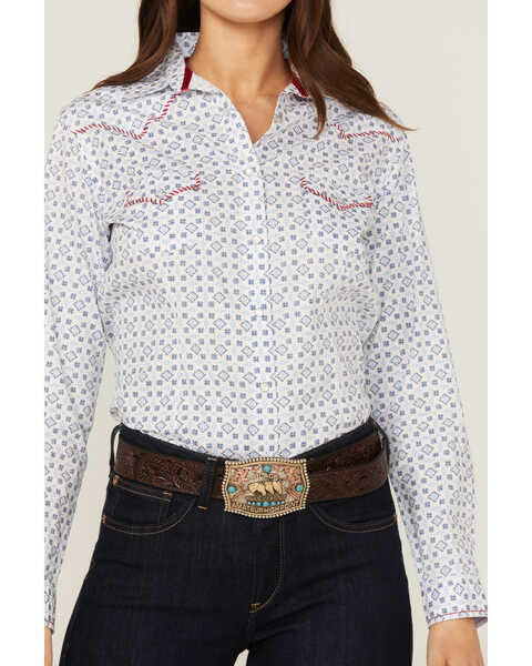 Image #3 - Panhandle Women's Mini Southwestern Geo Whipstitch Long Sleeve Pearl Snap Western Shirt, Blue, hi-res