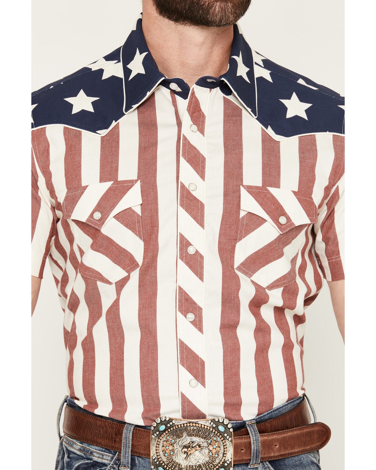 Image #3 - Rock & Roll Denim Men's Boot Barn Exclusive Stars & Stripes Short Sleeve Snap Stretch Western Shirt, Red, hi-res