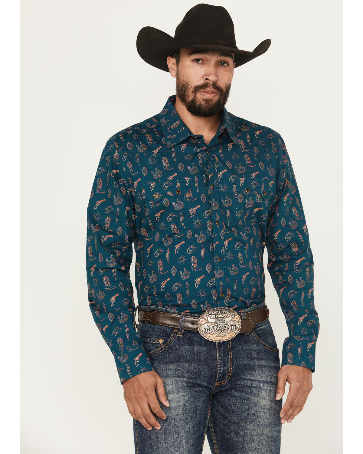 Image #2 - Rock & Roll Denim Men's Cowboy Print Long Sleeve Snap Stretch Western Shirt, Teal, hi-res