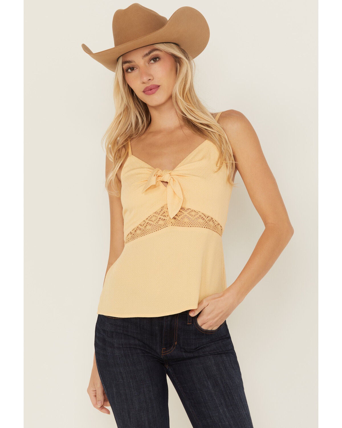 Idyllwind Women's Lace Inset Tie-Front Cami, Yellow, hi-res