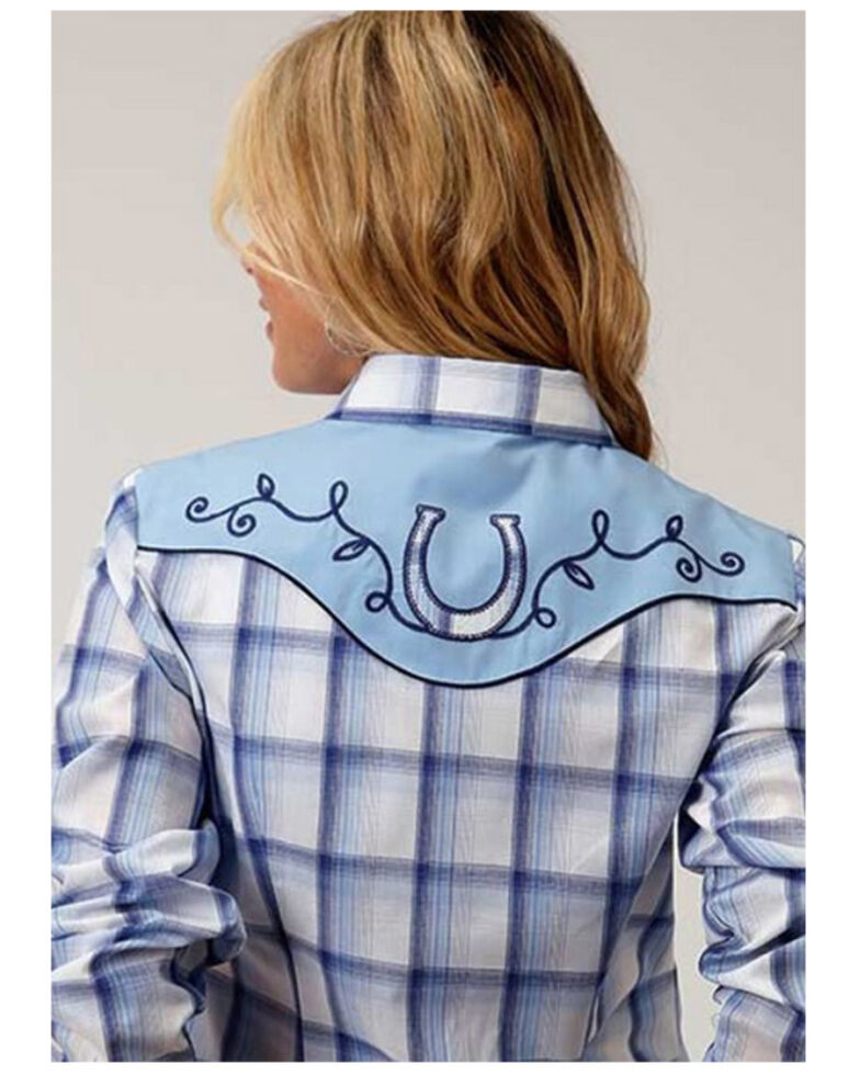 Roper Women's Blue Plaid Embroidered Applique Long Sleeve Western Shirt , Blue, hi-res