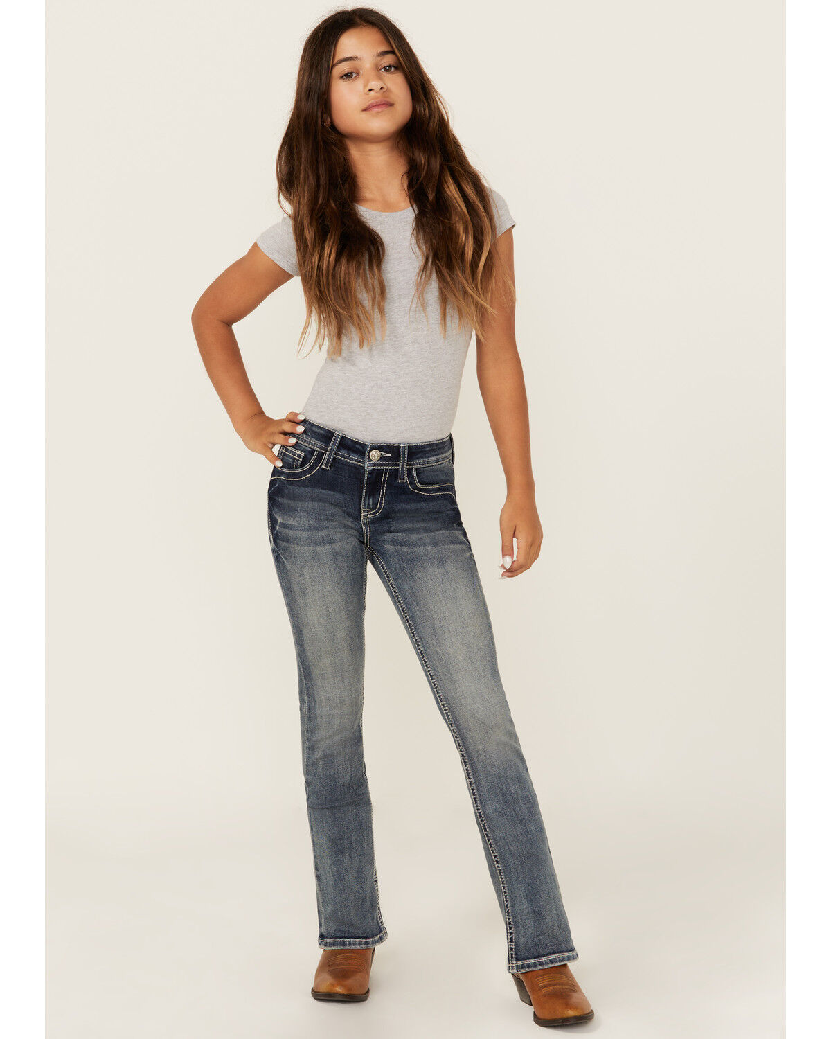 Image #3 - Grace in LA Girls' Medium Wash Horse Patch Pocket Bootcut Stretch Denim Jeans, Medium Wash, hi-res