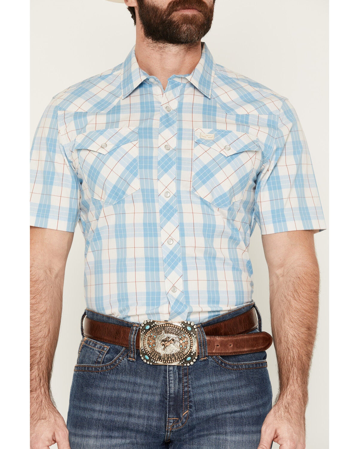 Image #3 - Kimes Ranch Men's Spade COOLMAX&reg; Plaid Print Short Sleeve Pearl Snap Western Shirt, Blue, hi-res