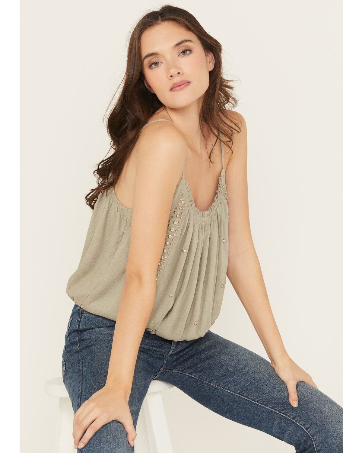 Rock & Roll Denim Women's Studded Elastic Hem Cami, Sage, hi-res