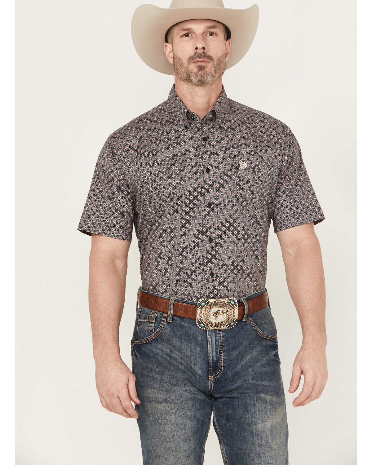 Image #1 - Cinch Men's Geo Print Short Sleeve Button-Down Stretch Western Shirt, Grey, hi-res