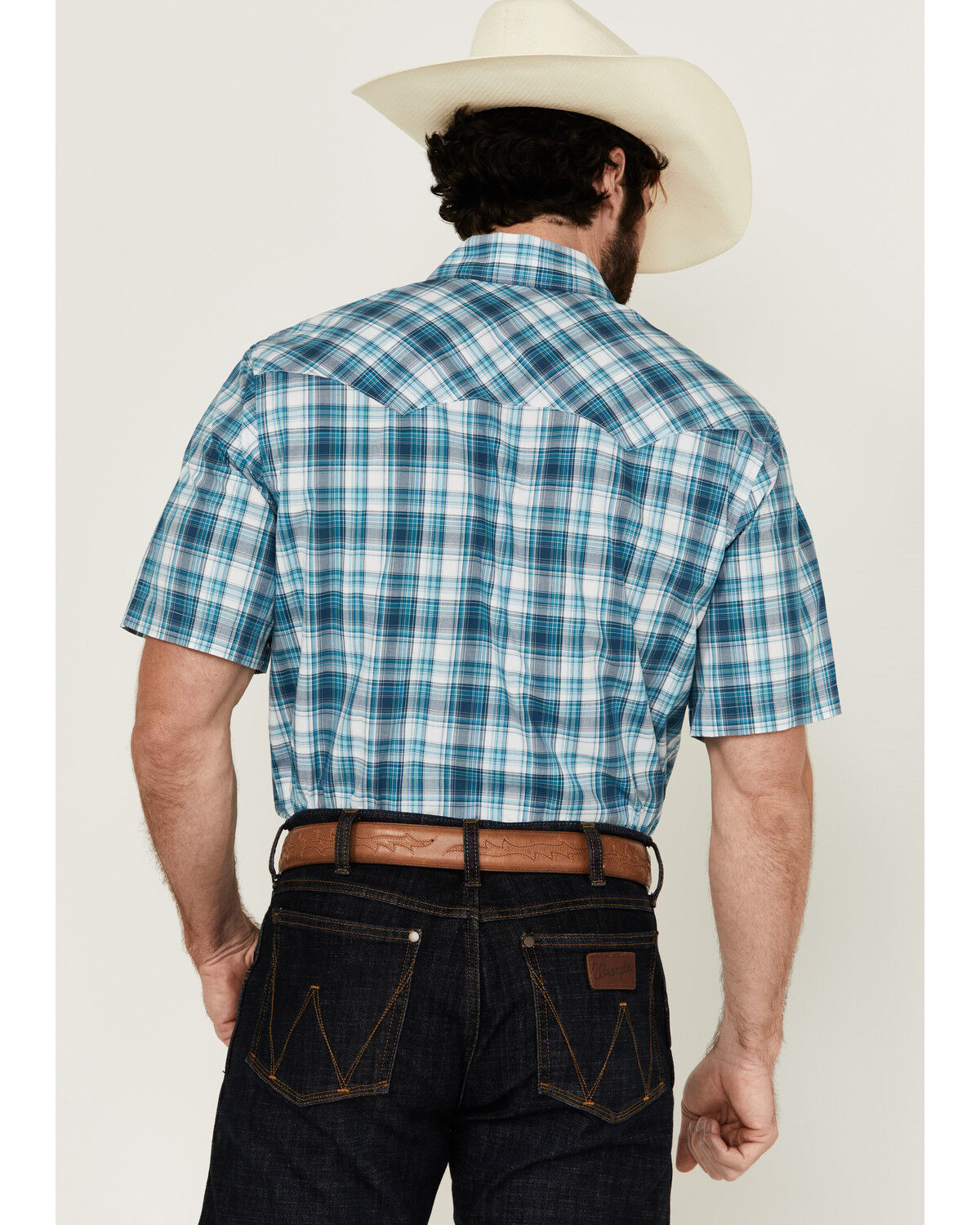 Image #4 - Wrangler Retro Men's Plaid Print Short Sleeve Snap Western Shirt, Turquoise, hi-res