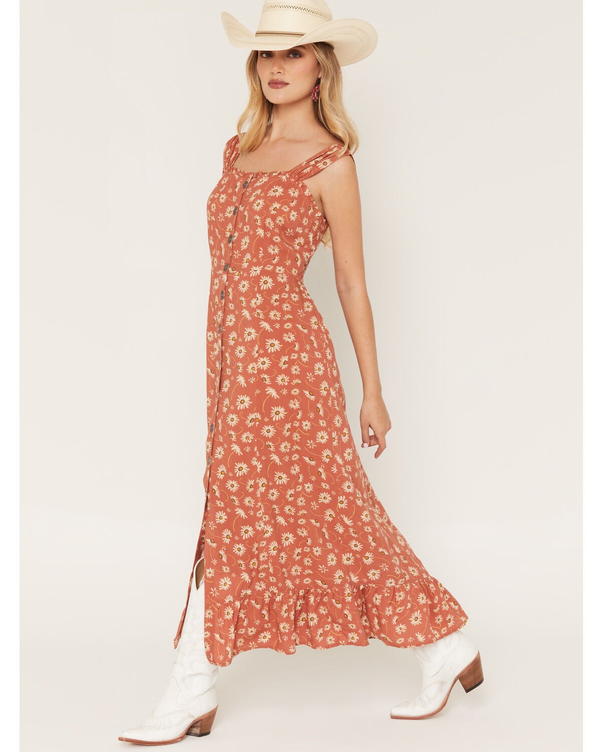 Image #2 - Cotton & Rye Women's Boot Barn Exclusive Ditsy Daisy Floral Print Sleeveless Button-Down Midi Dress, Rust Copper, hi-res
