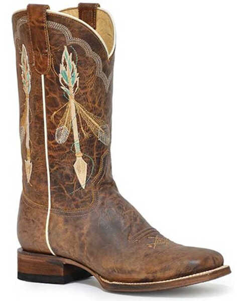 Roper Women's Arrow Feather Western Performance Boots - Broad Square Toe, Tan, hi-res