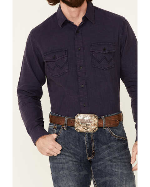 Image #3 - Wrangler Retro Premium Men's Solid Long Sleeve Button-Down Western Shirt , Blue, hi-res