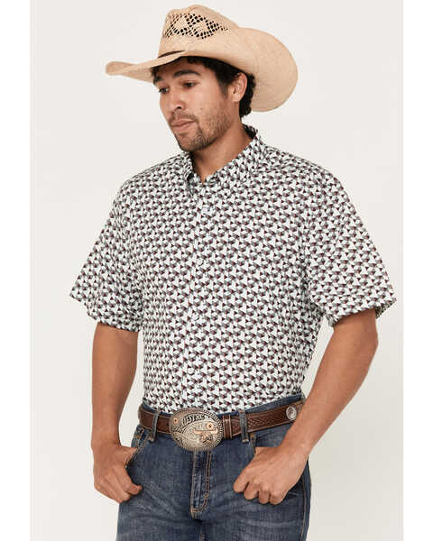 RANK 45® Men's Angus Geo Print Short Sleeve Button-Down Stretch Western Shirt, Aqua, hi-res