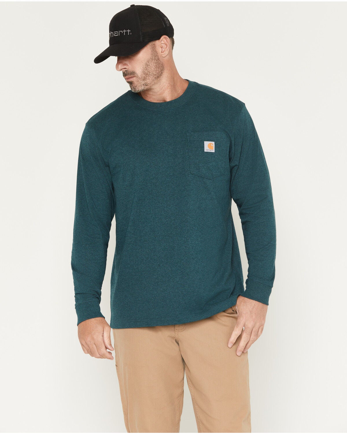 Carhartt Men's Loose Fit Heavyweight Long Sleeve Logo Pocket Work T-Shirt, Green, hi-res
