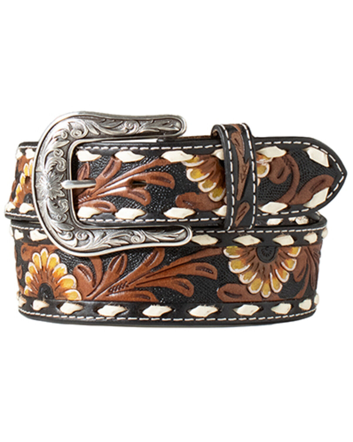 Image #1 - Nocona Women's Sunflower Tooled Belt, Black, hi-res