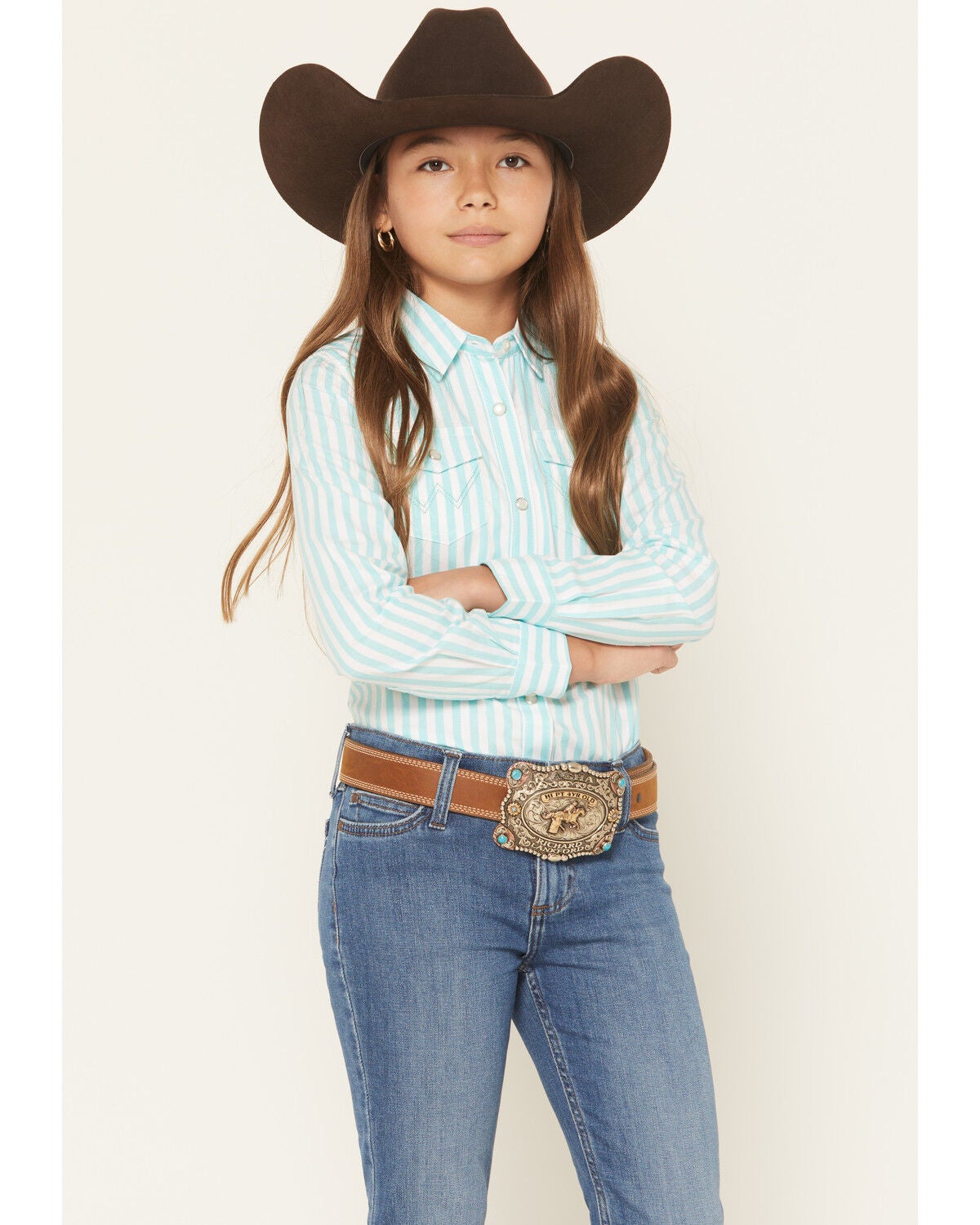 Image #1 - Wrangler Girls' Striped Long Sleeve Pearl Snap Western Shirt, Teal, hi-res