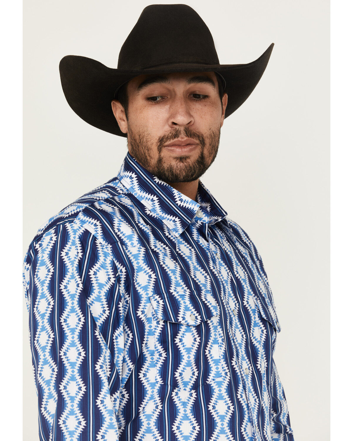 Image #2 - Wrangler Men's Checotah Southwestern Print Long Sleeve Snap Western Shirt, Blue, hi-res