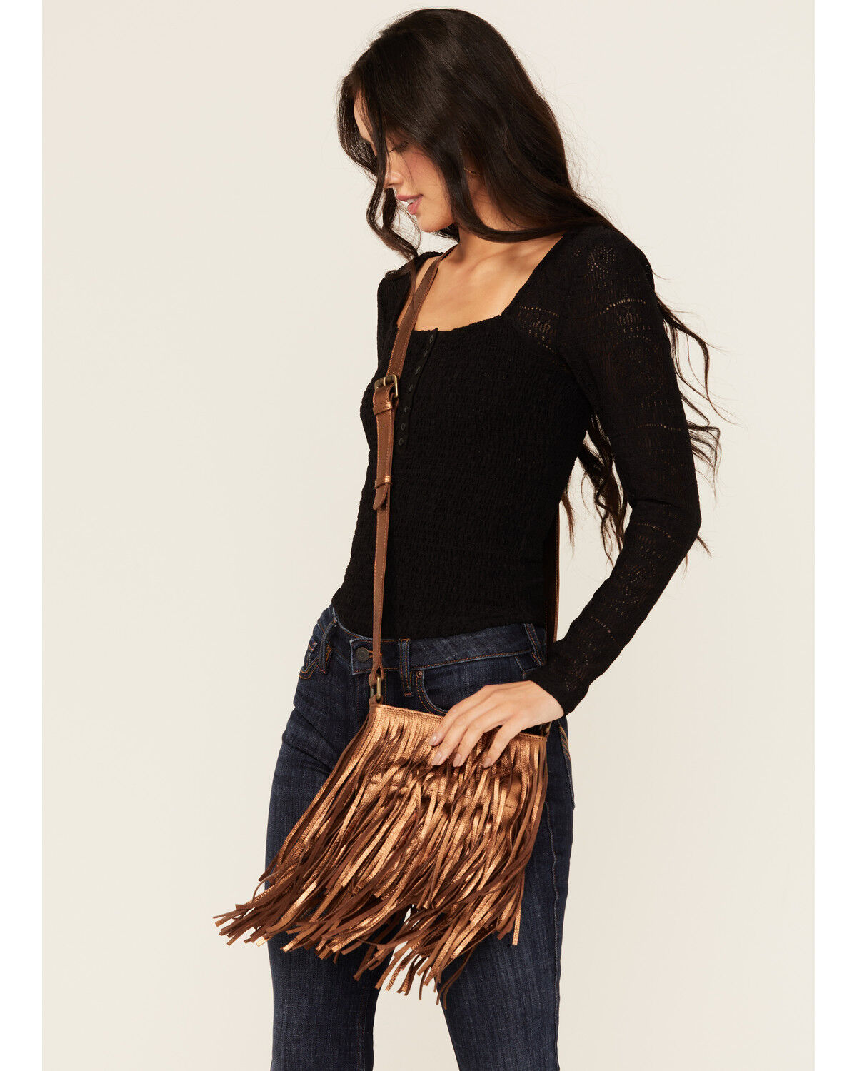 Image #1 - Idyllwind Women's Camarillo Metallic Fringe Suede Crossbody Bag, Bronze, hi-res