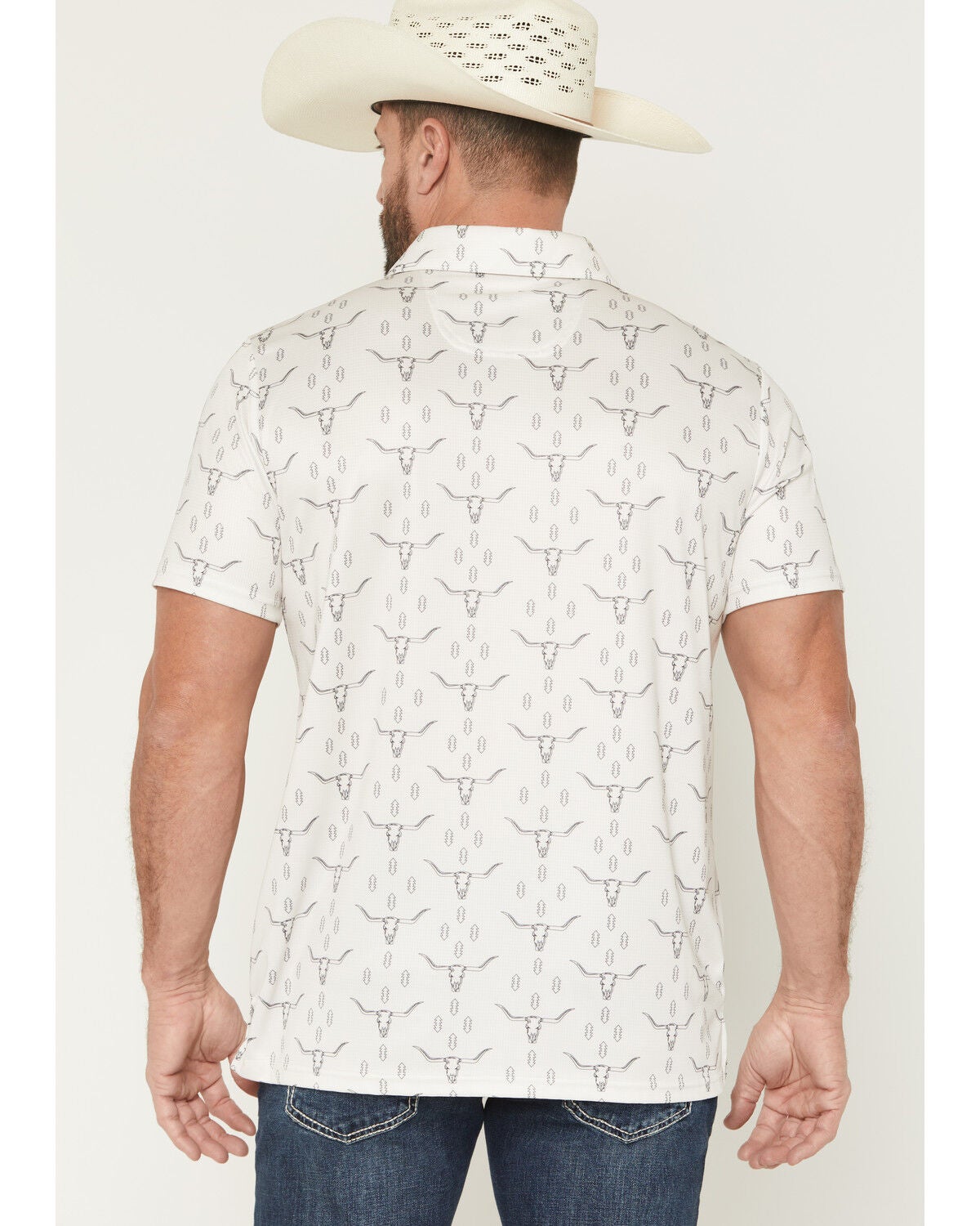 Image #4 - Rock & Roll Denim Men's Steer Skull Print Short Sleeve Button-Down Stretch Polo, Natural, hi-res