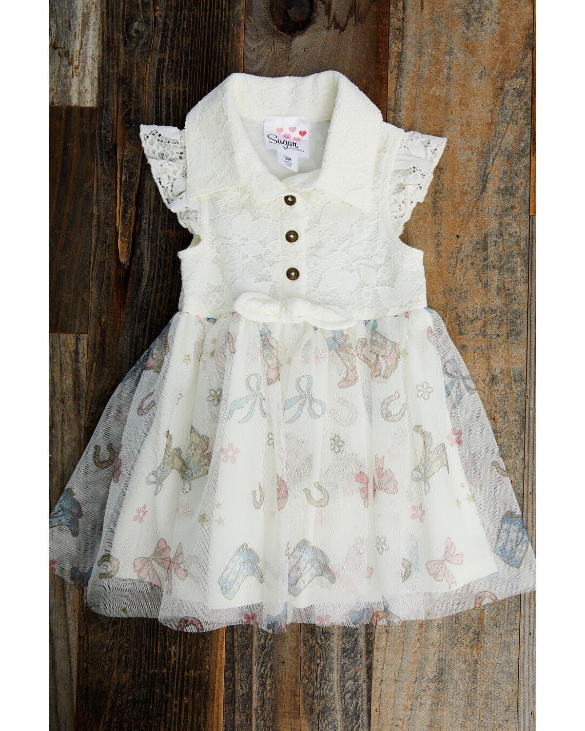 Sugar California Toddler Girls' Boots and Bows Printed Lace Dress, Cream, hi-res
