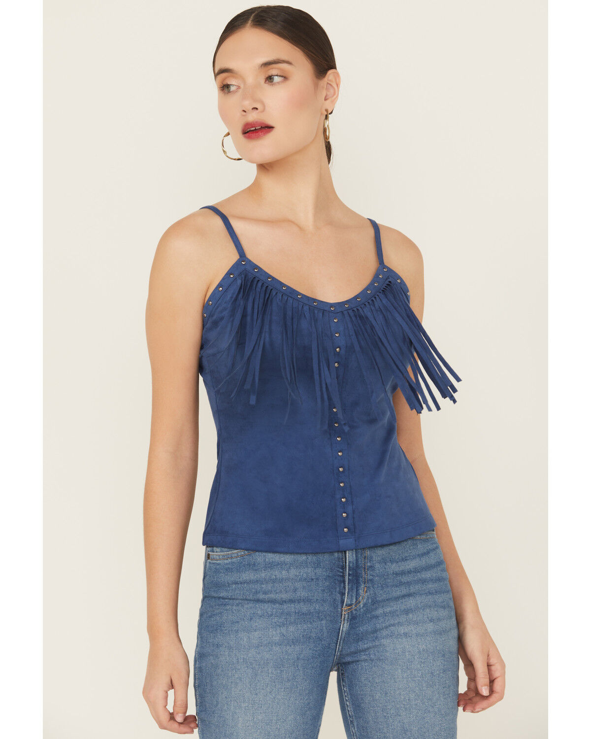 Image #2 - Idyllwind Women's Faux Suede Studded Fringe Sleeveless Tank Top, Blue, hi-res
