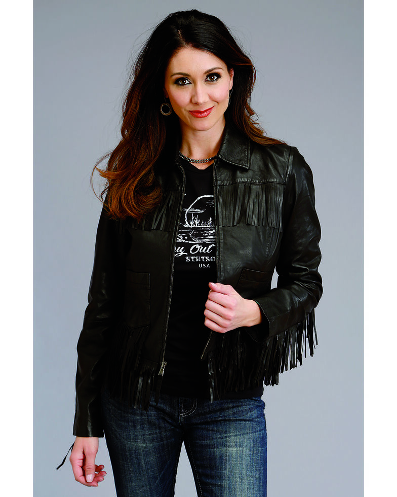 Stetson Women's Black Fringe Leather Jacket, Black, hi-res