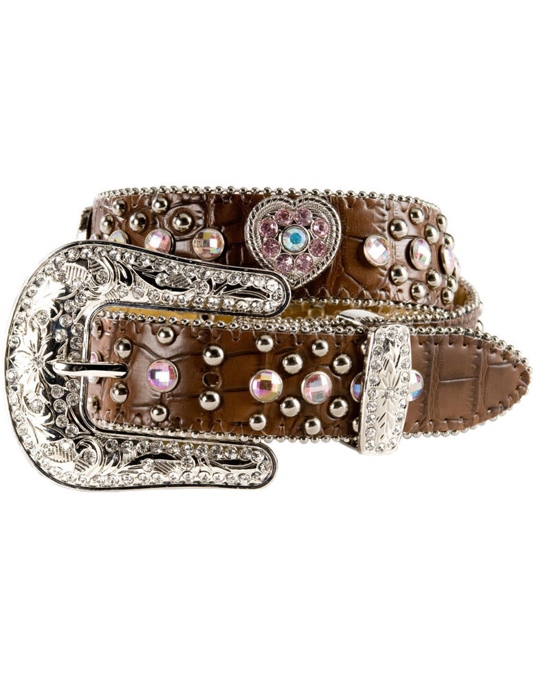 Nocona Girls' Heart Concho Croc Print Leather Belt - 18-26, Brown, hi-res