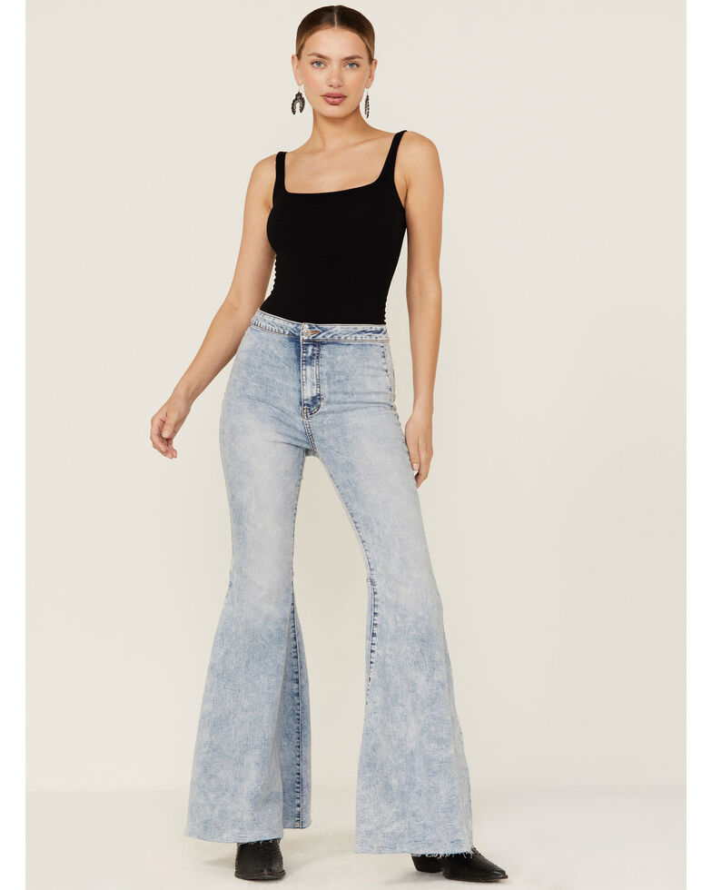 Free People Women's Float On Indigo Marble Flare Jeans, Blue, hi-res