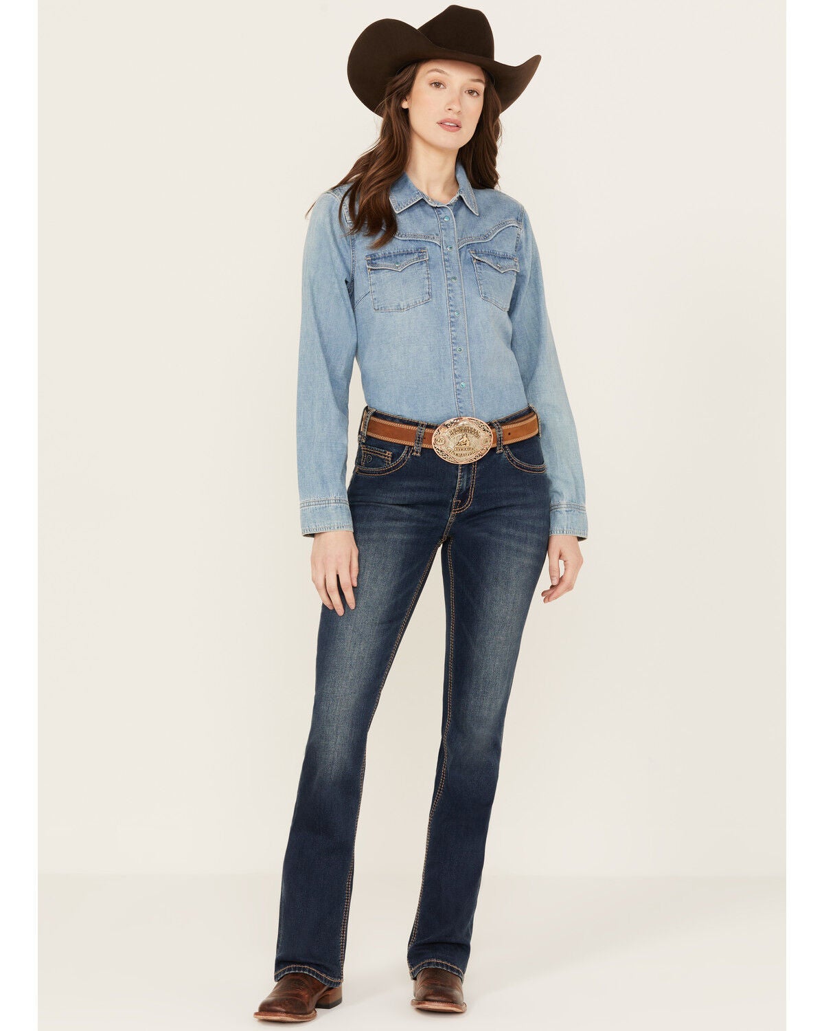 Rock And Roll Cowgirl Women's High-Rise Palazzo Flare Jeans - Medium Wash With Copper Stitching