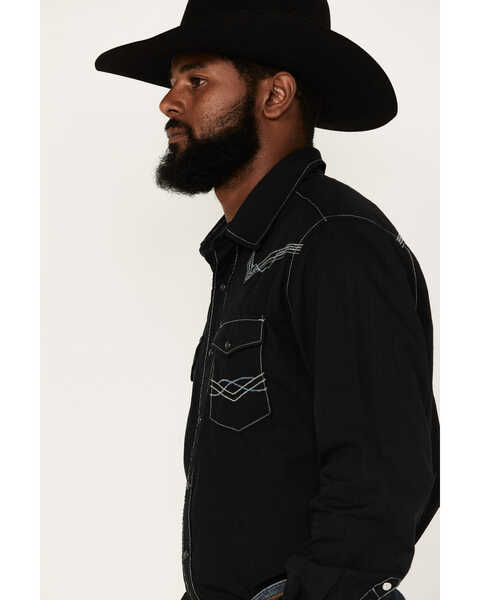 Image #2 - Rock 47 by Wrangler Men's Long Sleeve Embroidered Yoke Solid Snap Western Shirt, Dark Blue, hi-res