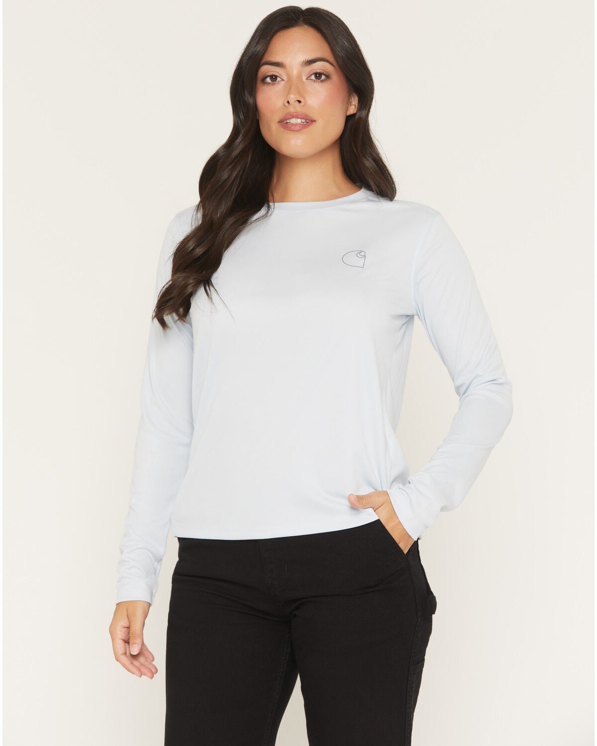 Image #1 - Carhartt Women's Force&reg; Sun Defender Logo Relaxed Fit Long Sleeve Graphic Tee, Light Blue, hi-res