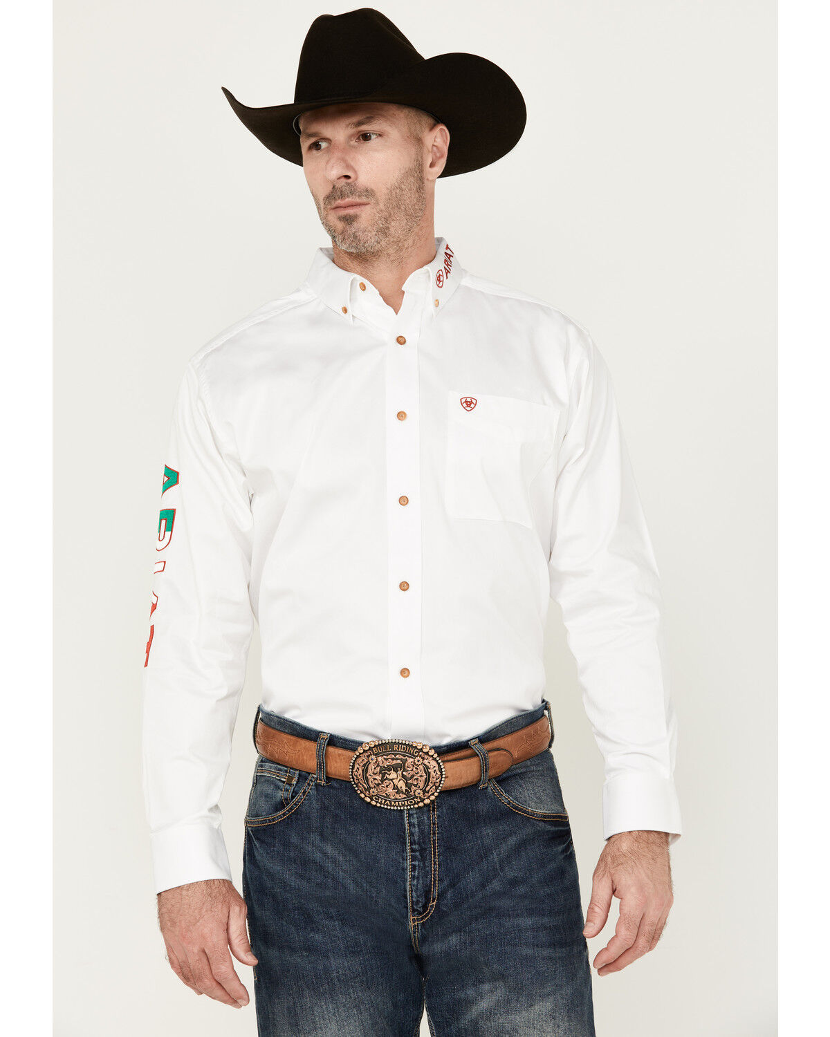 Image #1 - Ariat Men's Team Mexico Logo Twill Classic Fit Long Sleeve Button-Down Western Shirt - Big, White, hi-res
