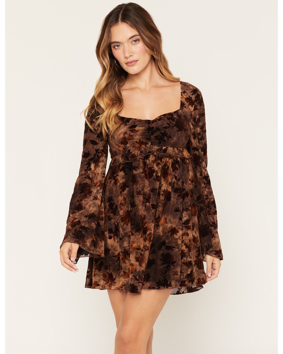 Cleo + Wolf Women's Floral Print Ruffle Long Sleeve Mini Dress, Brown, hi-res
