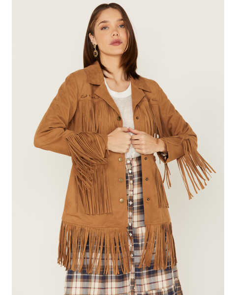 Powder River Outfitters Women's Suede Fringe Snap Jacket, Brown, hi-res