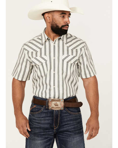 Gibson Trading Co Men's Side Swipe Vertical Striped Print Short Sleeve Snap Western Shirt , Ivory, hi-res