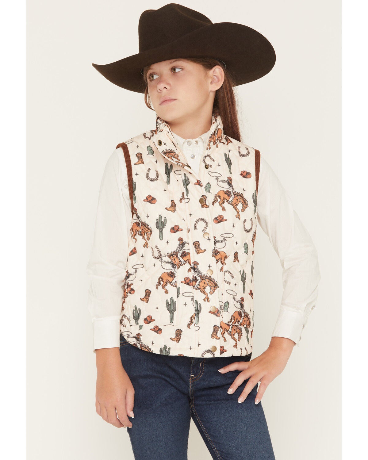 Image #1 - Fornia Girls' Horse Printed Vest, White, hi-res